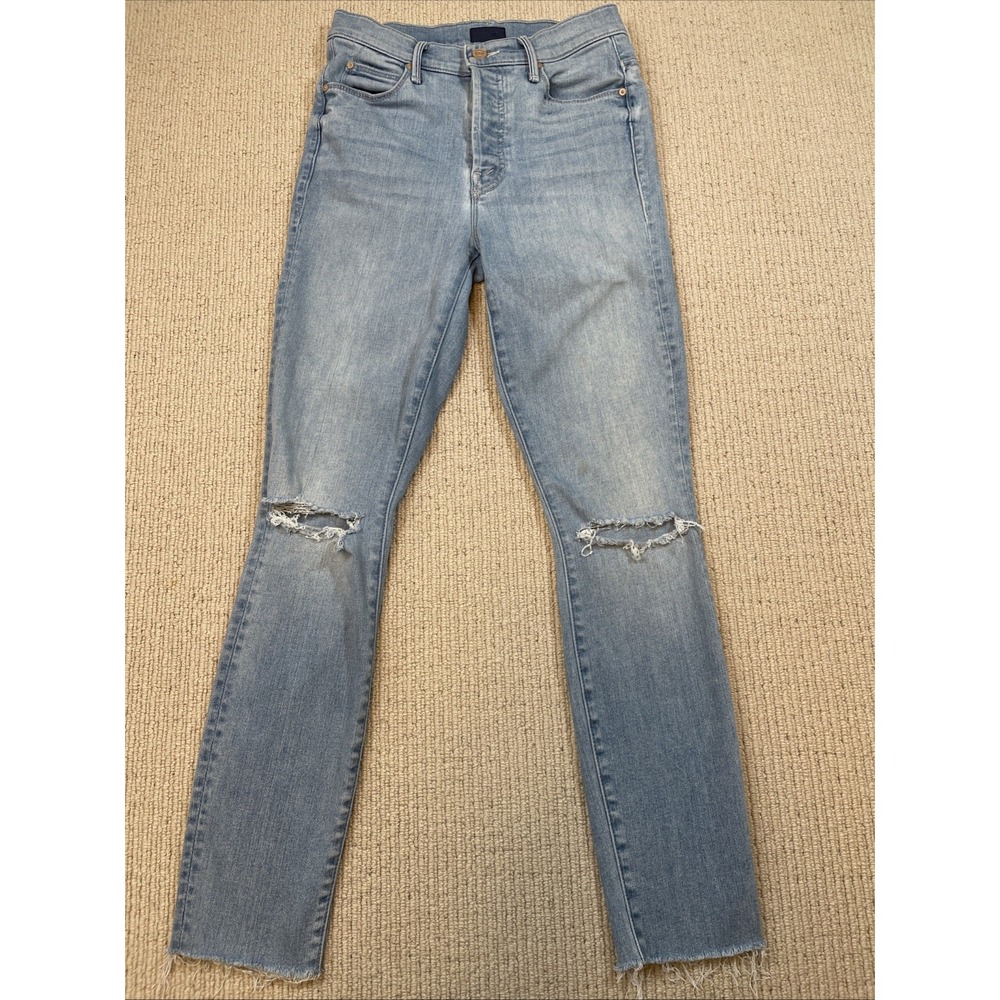MOTHER Women's 25 The Stunner Ankle Fray Jeans Button Fly Distressed Blue Denim